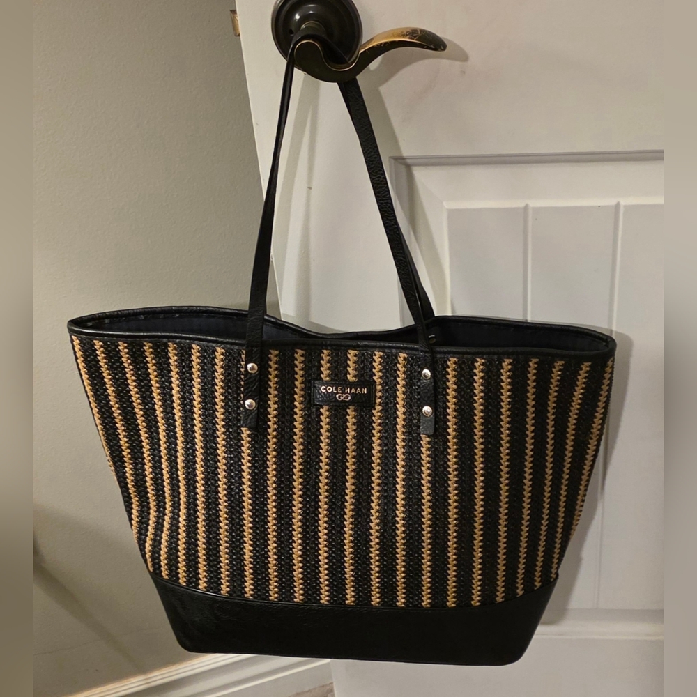COLE HAAN Becket Striped Raffia and Leather Large Tote EUC